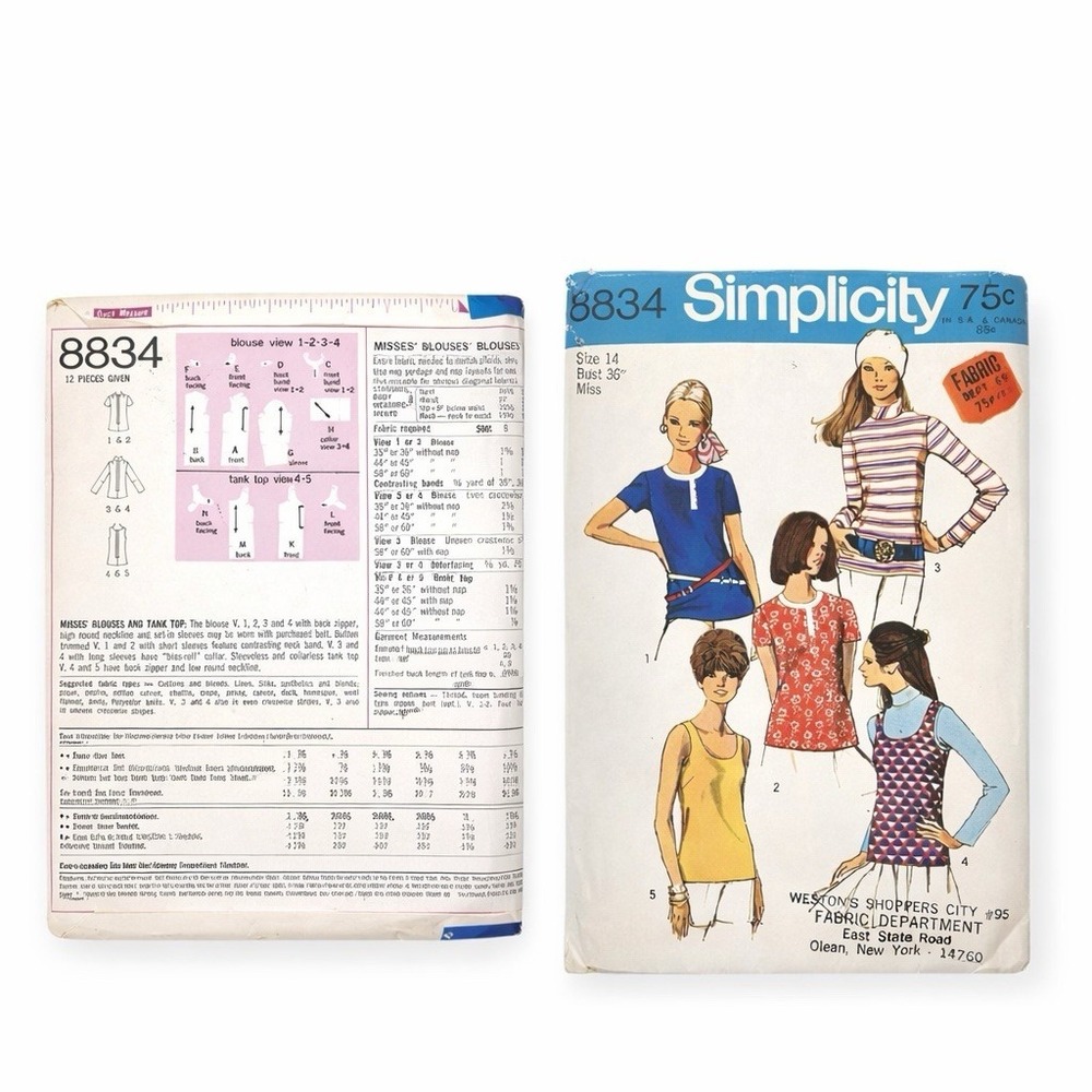 1970s Simplicity 8834 Sewing Pattern Blouse‎ Tank Top Misses 14 Uncut - Picture 2 of 3